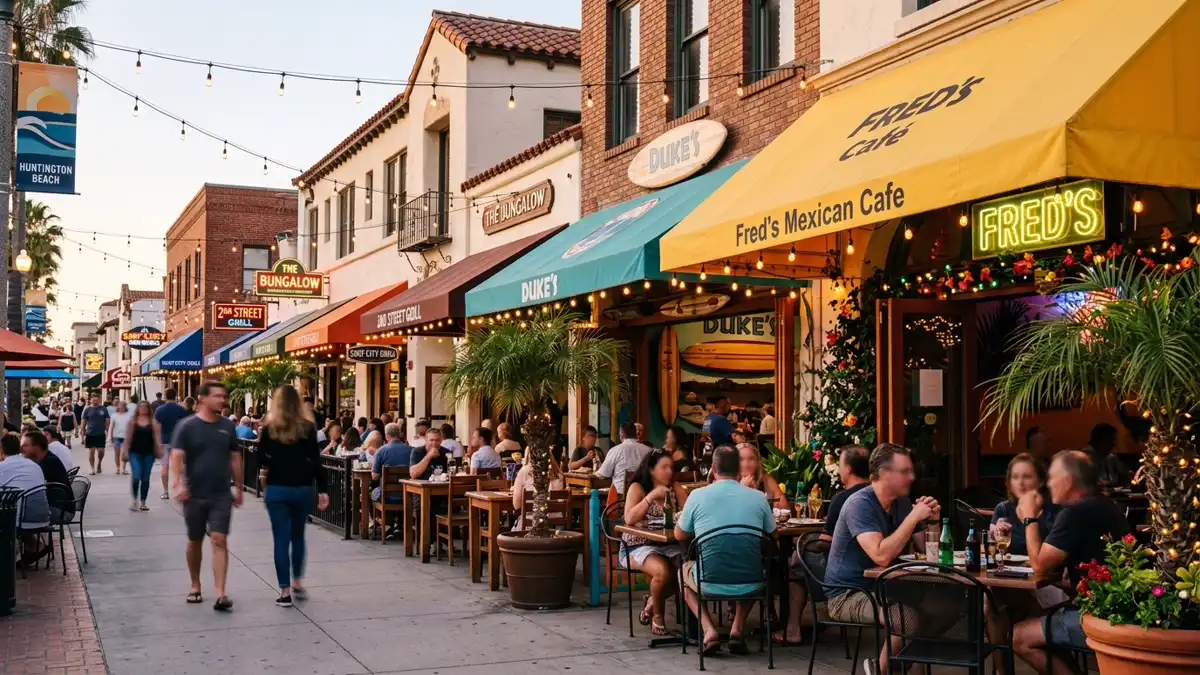 Restaurant district in Huntington Beach, California with nearby public restroom facilities
