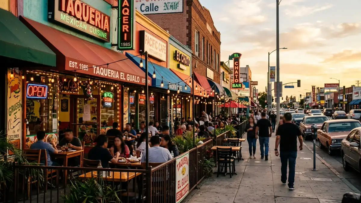 Restaurant district in Huntington Park, California with nearby public restroom facilities