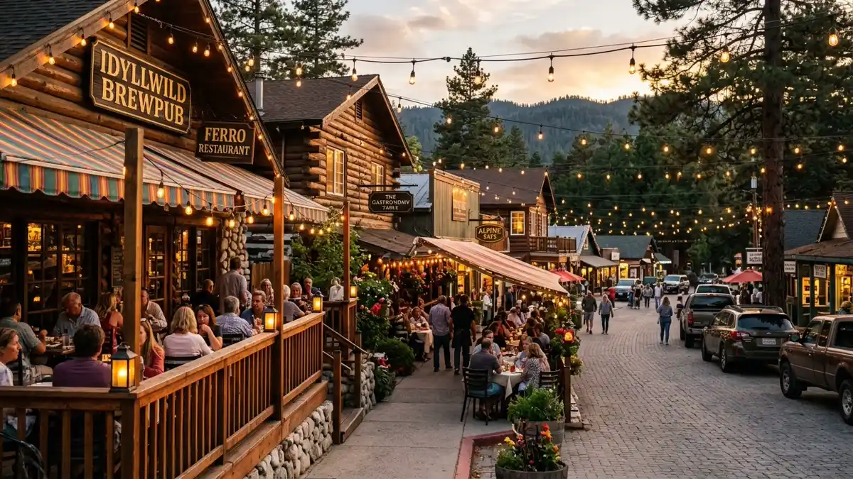 Restaurant district in Idyllwild, California with nearby public restroom facilities
