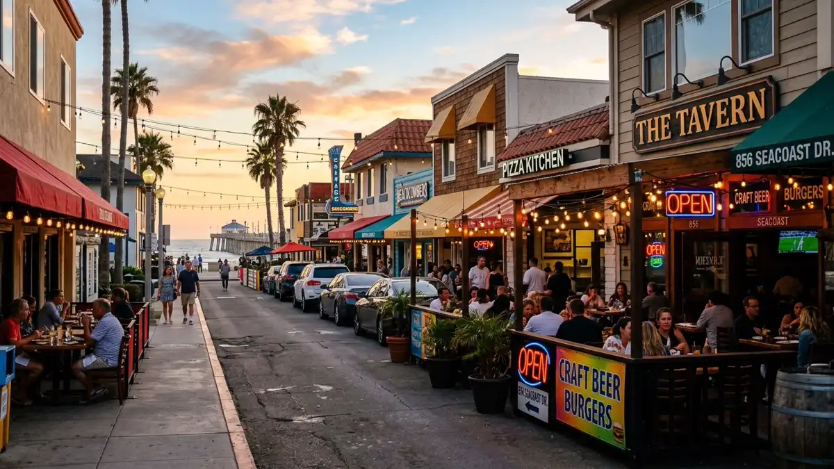 Restaurant district in Imperial Beach, California with nearby public restroom facilities