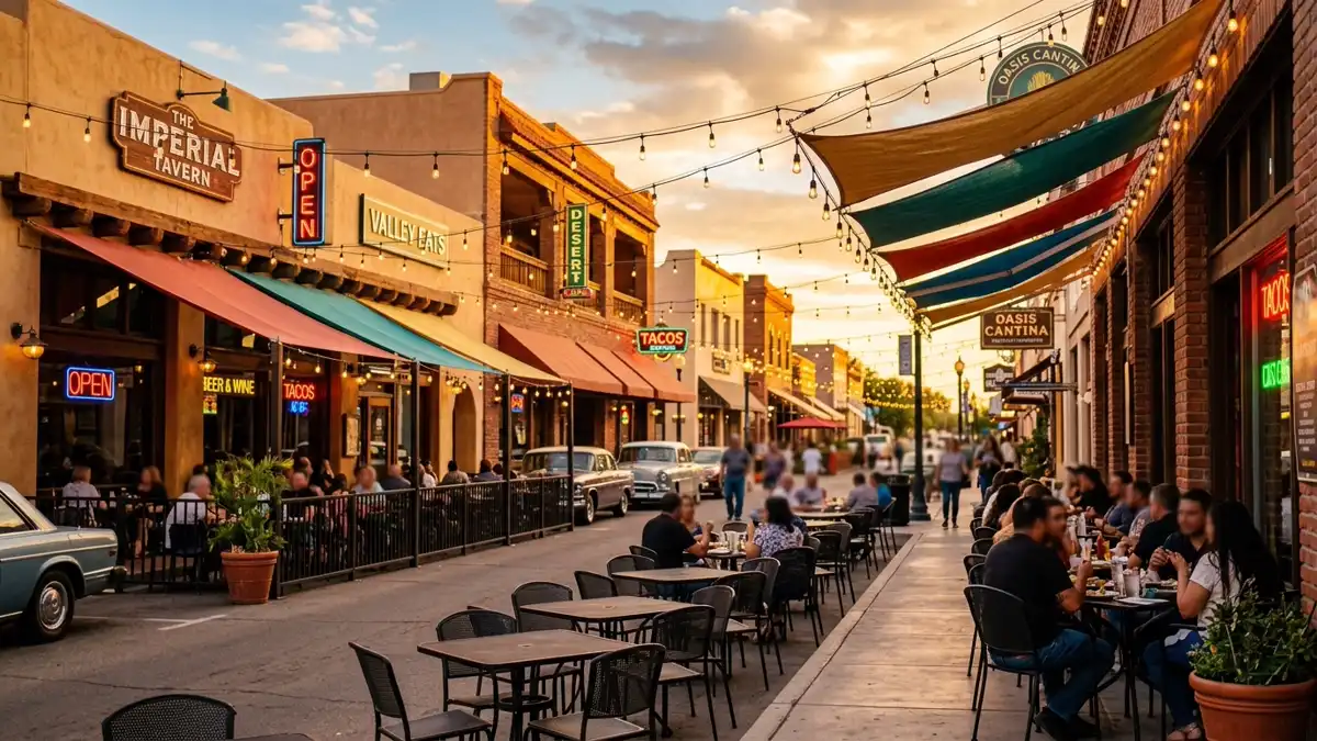 Restaurant district in Imperial County, California with nearby public restroom facilities