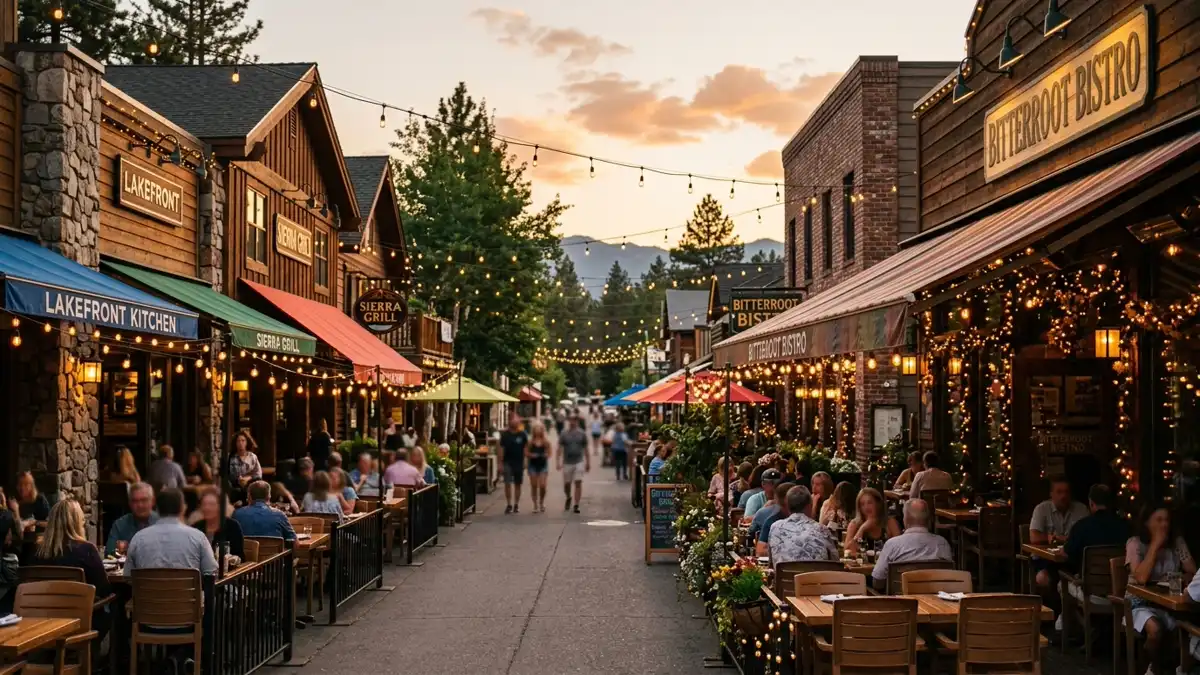 Restaurant district in Incline, California with nearby public restroom facilities