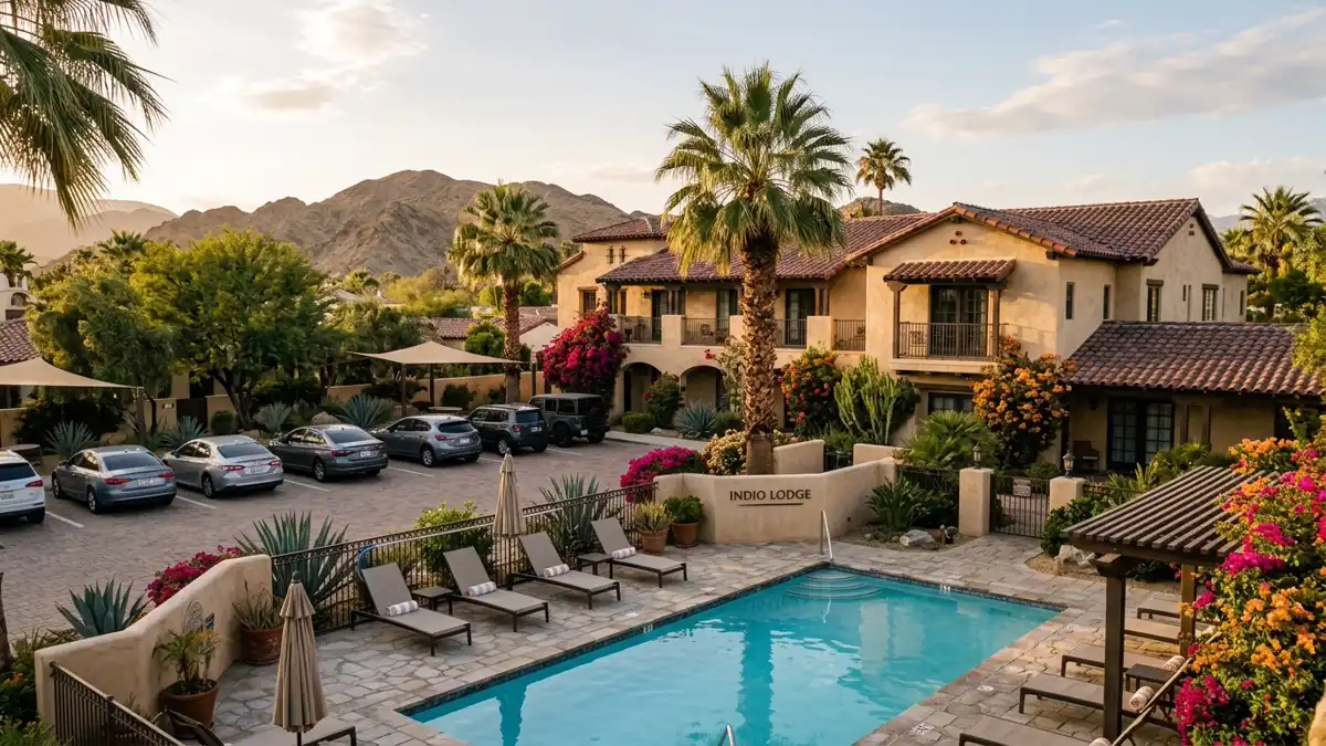 Hotels and accommodation options near mapped restrooms in Indio, California