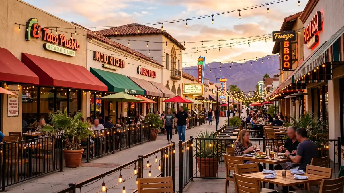 Restaurant district in Indio, California with nearby public restroom facilities
