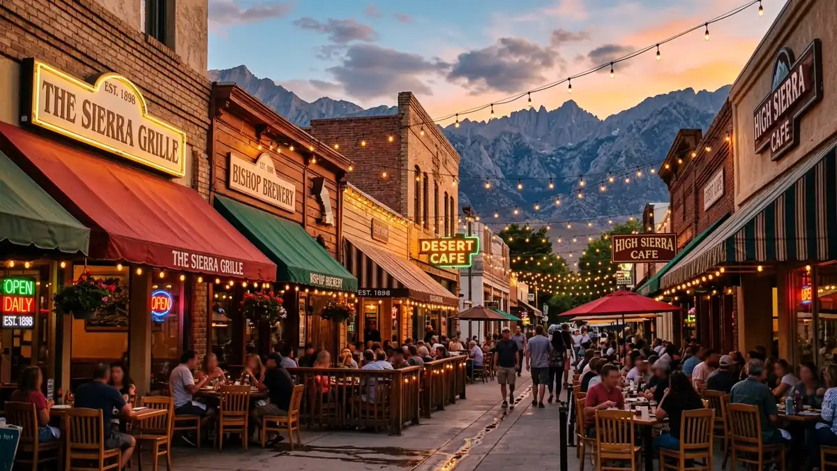 Restaurant district in Inyo County, California with nearby public restroom facilities