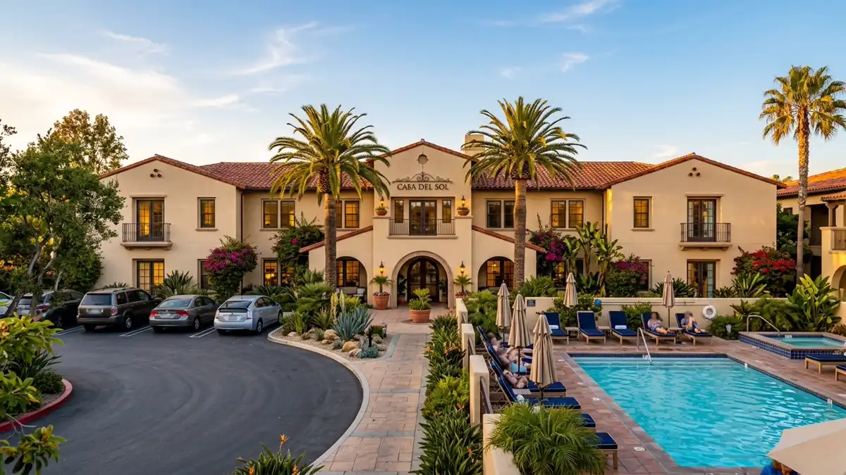 Hotels and accommodation options near mapped restrooms in Irvine, California