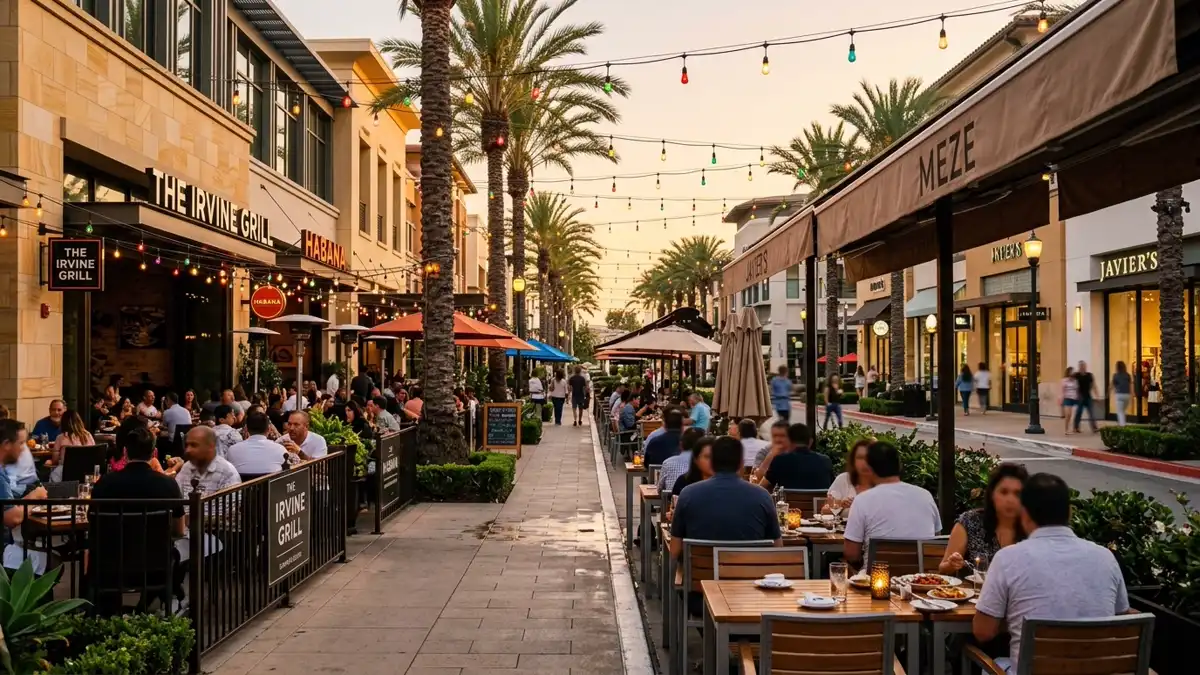 Restaurant district in Irvine, California with nearby public restroom facilities
