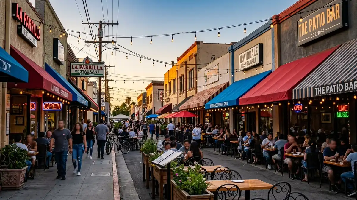 Restaurant district in Irwindale, California with nearby public restroom facilities