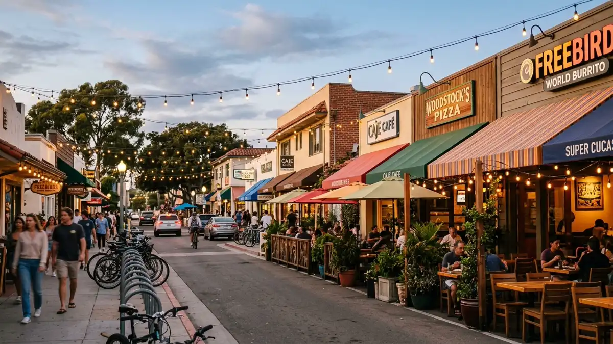 Restaurant district in Isla Vista, California with nearby public restroom facilities
