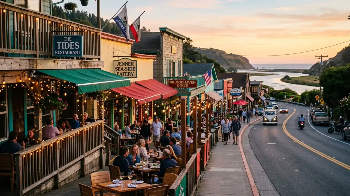 Restaurant district in Jenner, California with nearby public restroom facilities