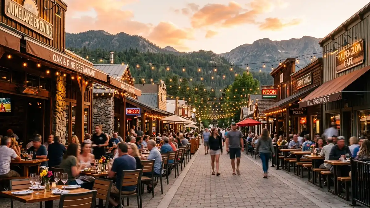 Restaurant district in June Lake, California with nearby public restroom facilities