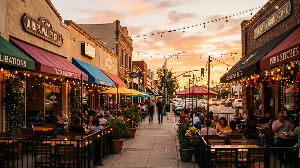 Restaurant district in Jurupa Valley, California with nearby public restroom facilities