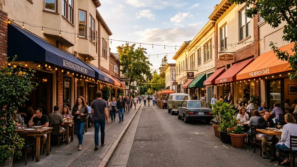 Restaurant district in Kensington, California with nearby public restroom facilities