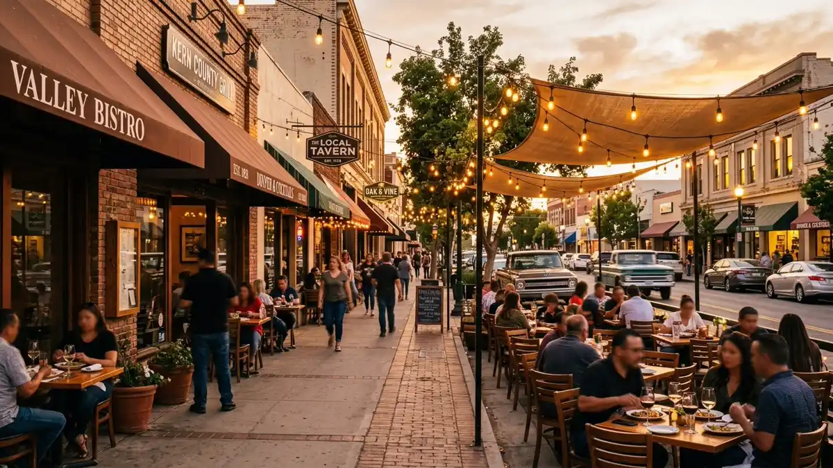Restaurant district in Kern County, California with nearby public restroom facilities