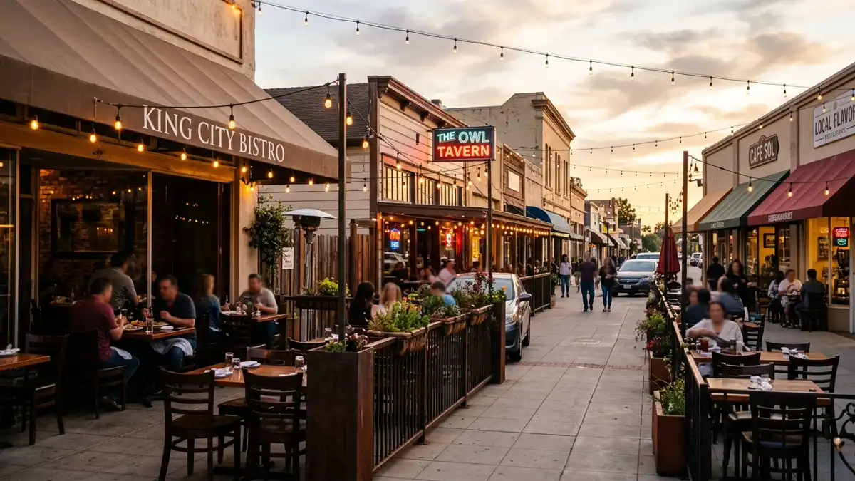 Restaurant district in King City, California with nearby public restroom facilities