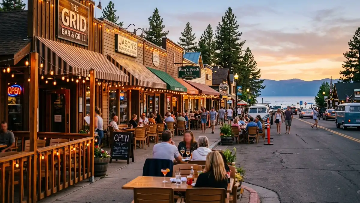 Restaurant district in Kings Beach, California with nearby public restroom facilities