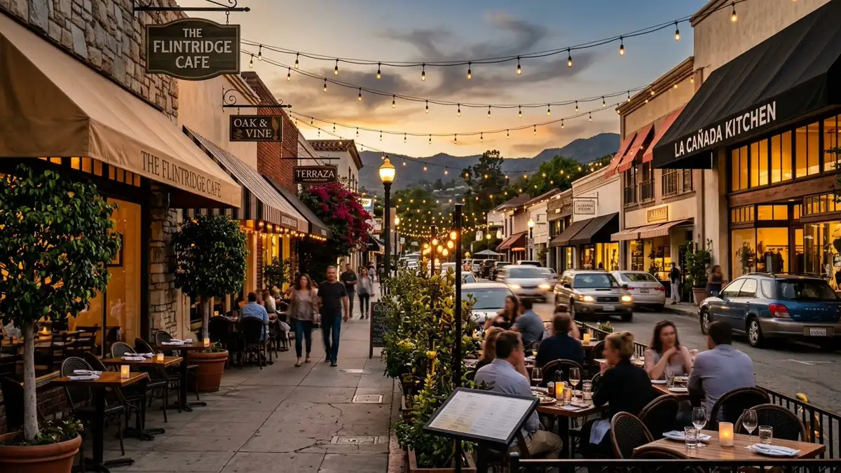 Restaurant district in La Caada Flintridge, California with nearby public restroom facilities
