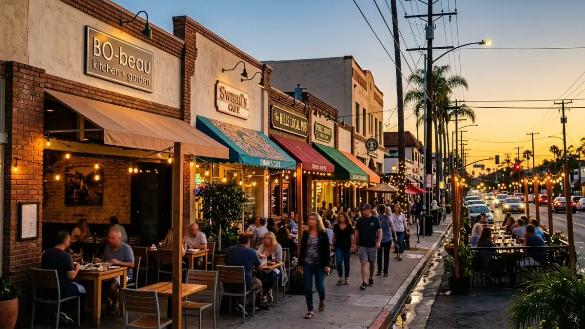 Restaurant district in La Mesa, California with nearby public restroom facilities