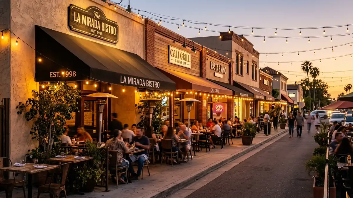 Restaurant district in La Mirada, California with nearby public restroom facilities