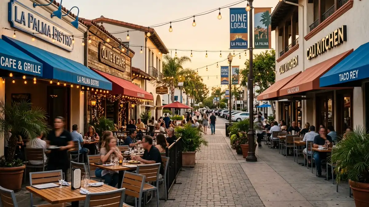 Restaurant district in La Palma, California with nearby public restroom facilities