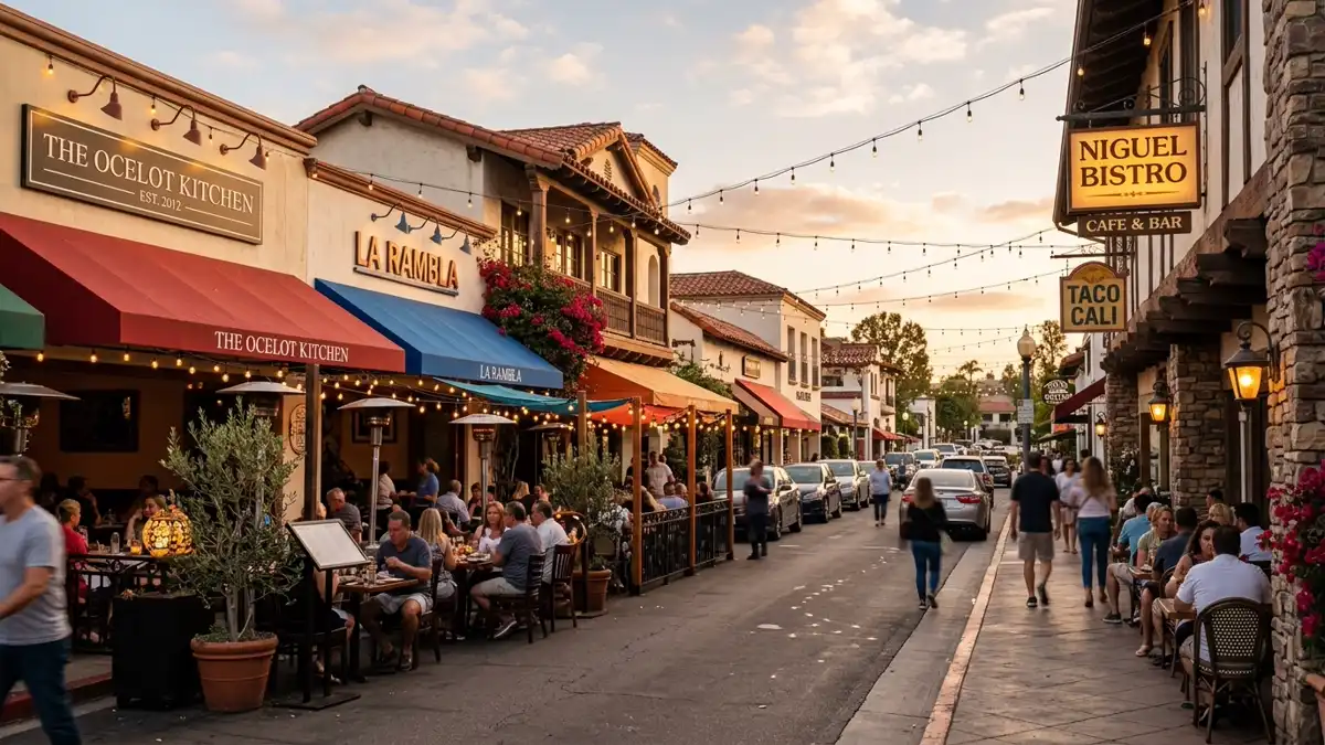 Restaurant district in Laguna Niguel, California with nearby public restroom facilities
