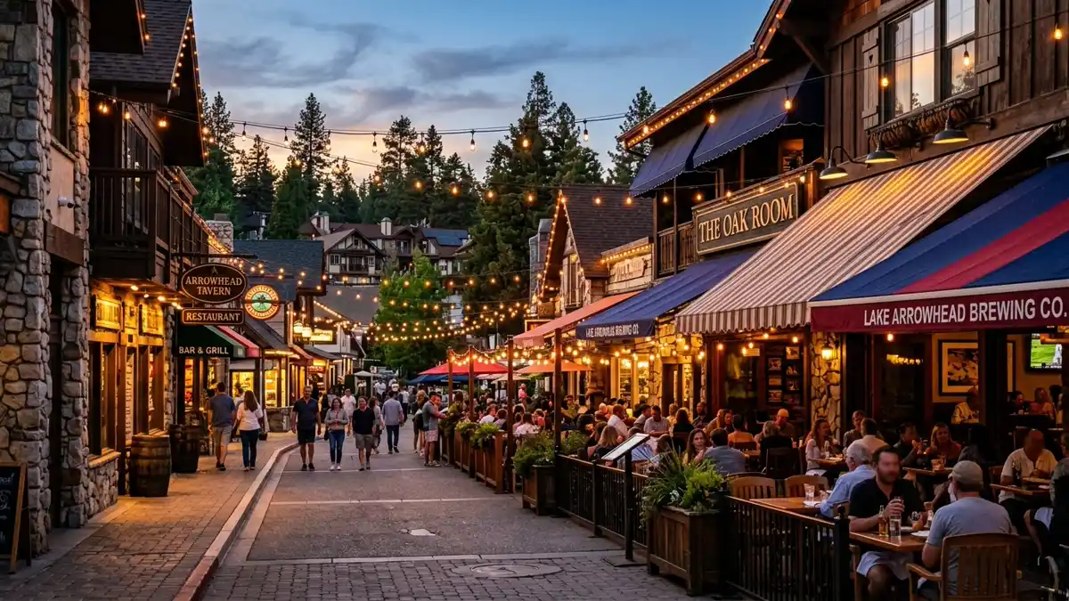 Restaurant district in Lake Arrowhead, California with nearby public restroom facilities