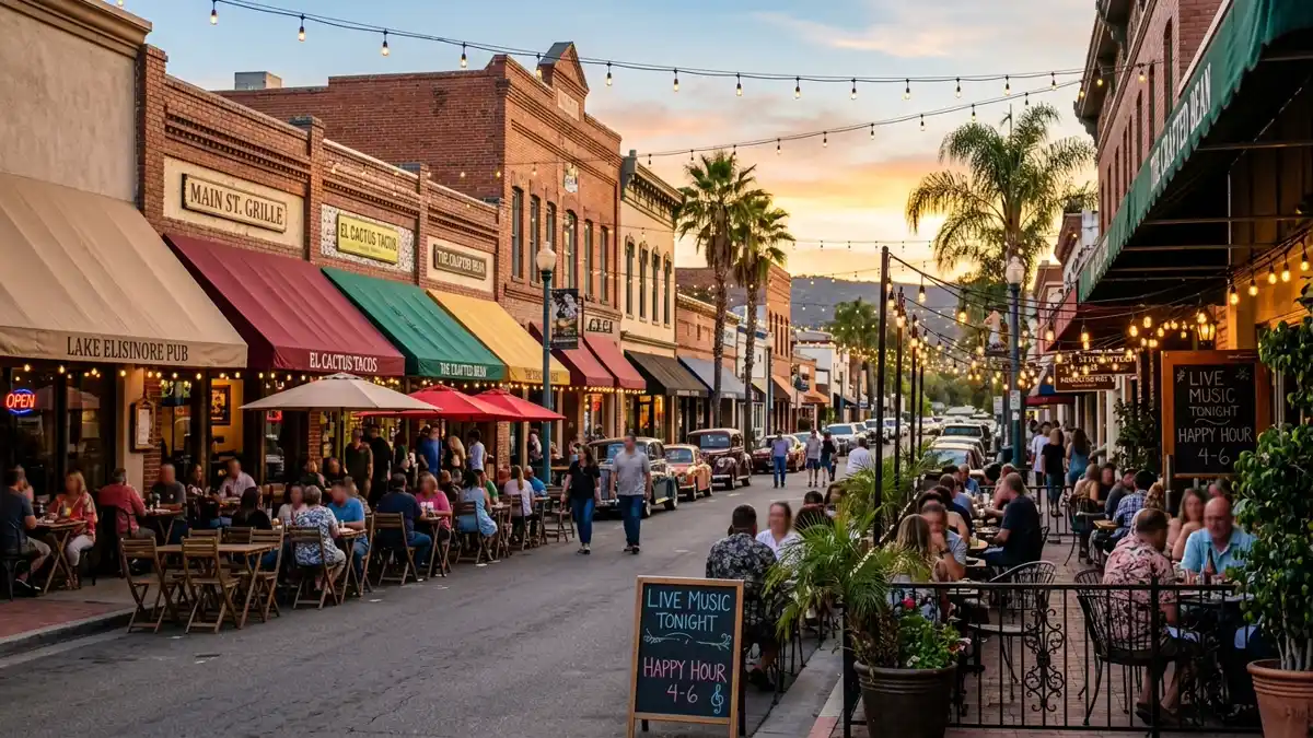 Restaurant district in Lake Elsinore, California with nearby public restroom facilities