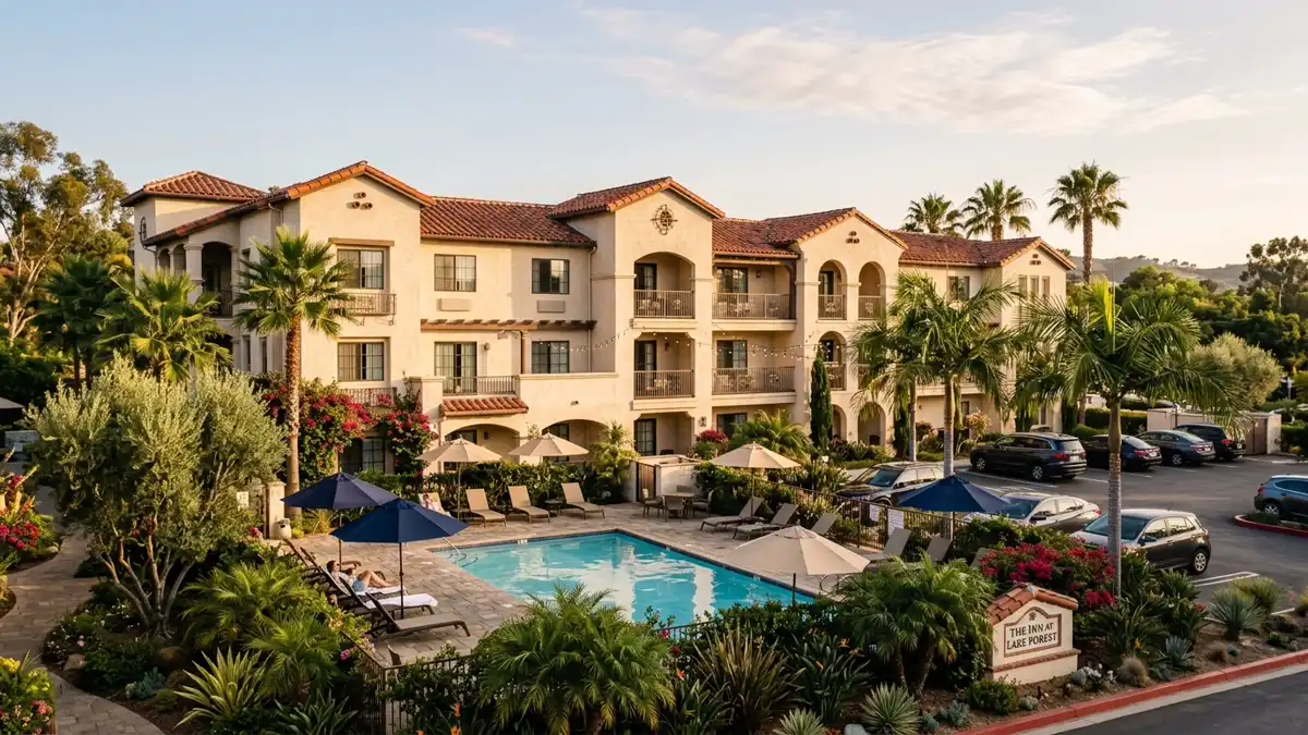 Hotels and accommodation options near mapped restrooms in Lake Forest, California