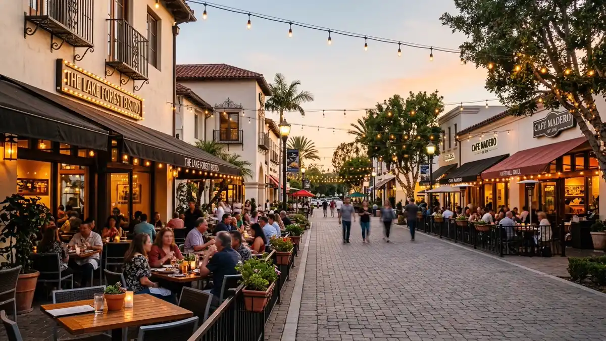 Restaurant district in Lake Forest, California with nearby public restroom facilities