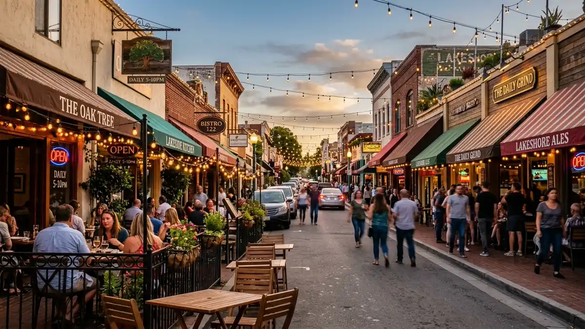 Restaurant district in Lakeshore, California with nearby public restroom facilities