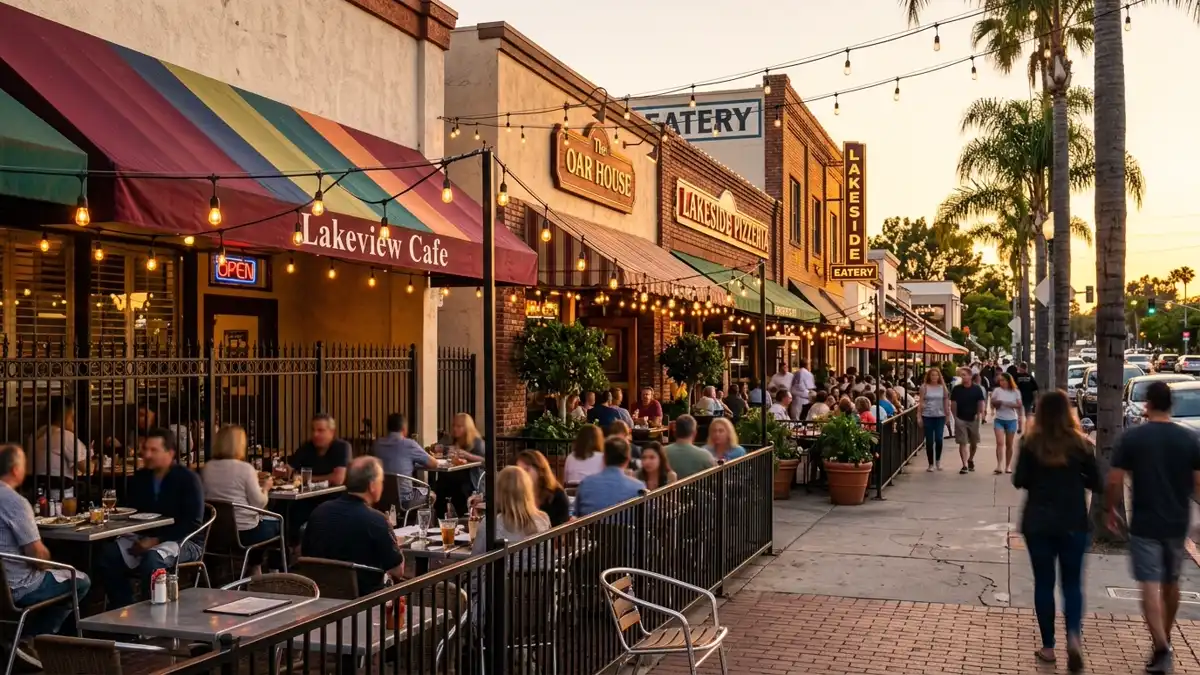 Restaurant district in Lakeside, California with nearby public restroom facilities