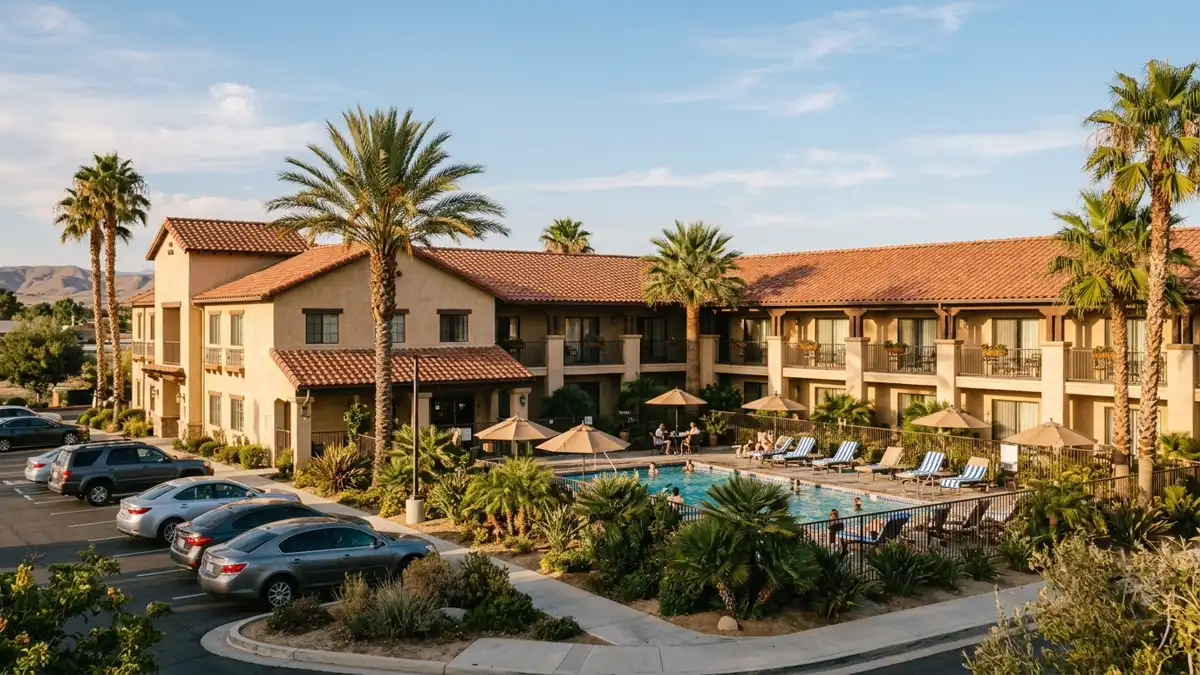 Hotels and accommodation options near mapped restrooms in Lancaster, California