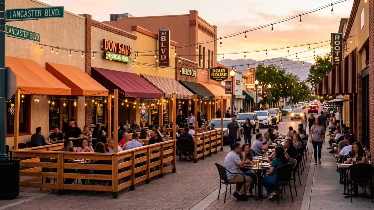 Restaurant district in Lancaster, California with nearby public restroom facilities