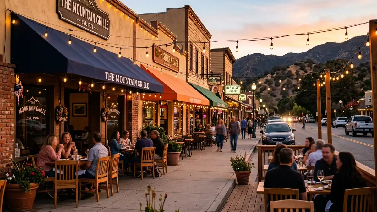 Restaurant district in Lebec, California with nearby public restroom facilities
