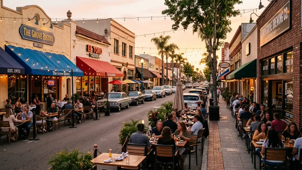 Restaurant district in Lemon Grove, California with nearby public restroom facilities