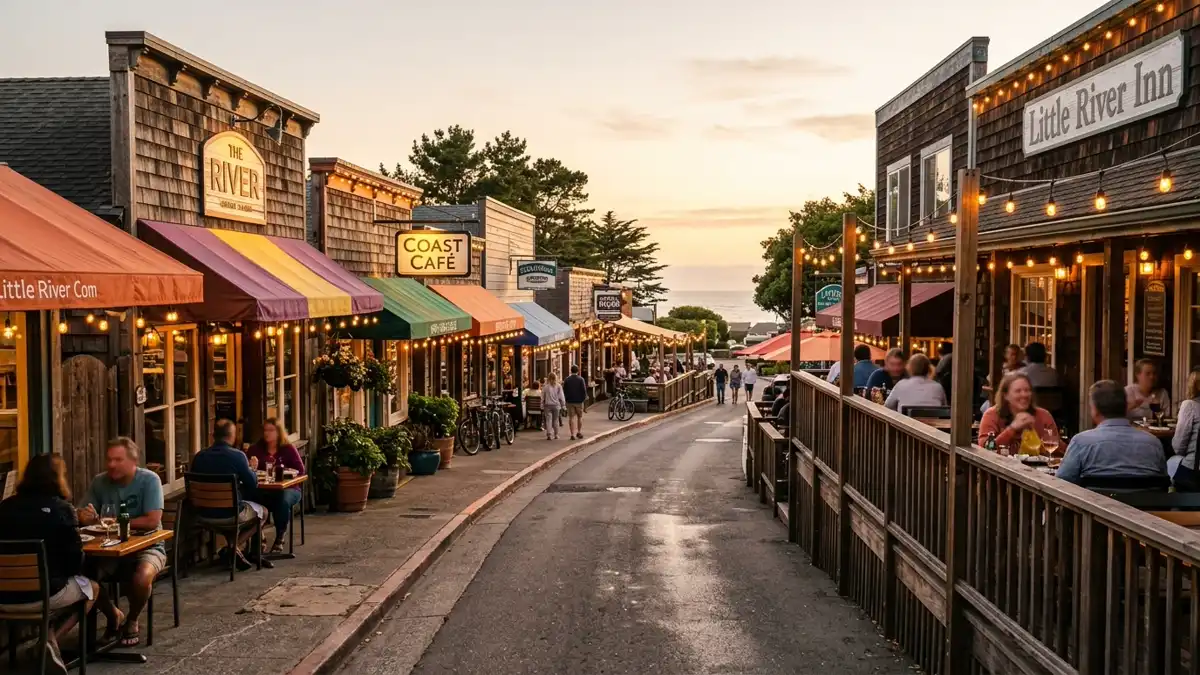 Restaurant district in Little River, California with nearby public restroom facilities