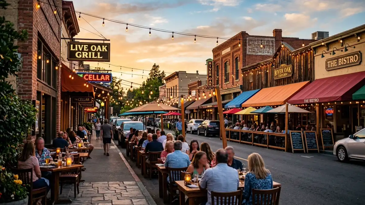 Restaurant district in Live Oak, California with nearby public restroom facilities