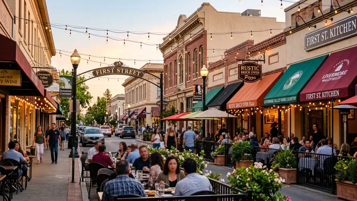 Restaurant district in Livermore, California with nearby public restroom facilities