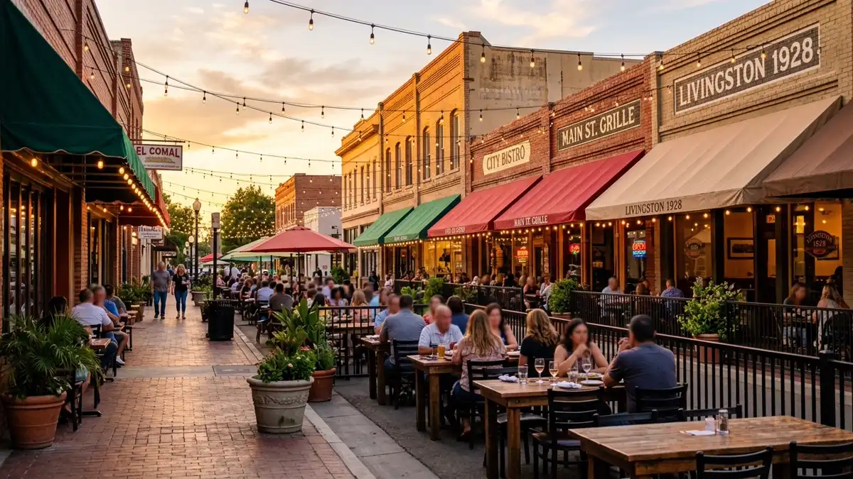 Restaurant district in Livingston, California with nearby public restroom facilities