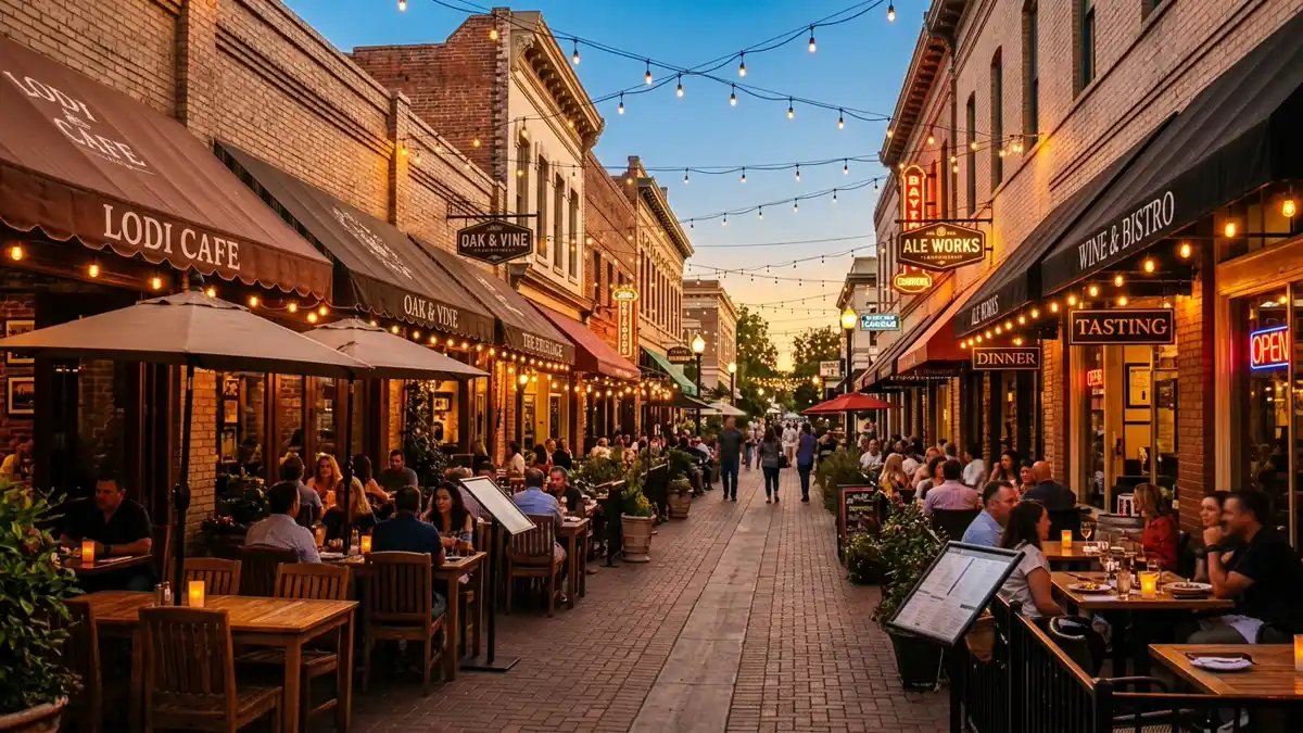 Restaurant district in Lodi, California with nearby public restroom facilities