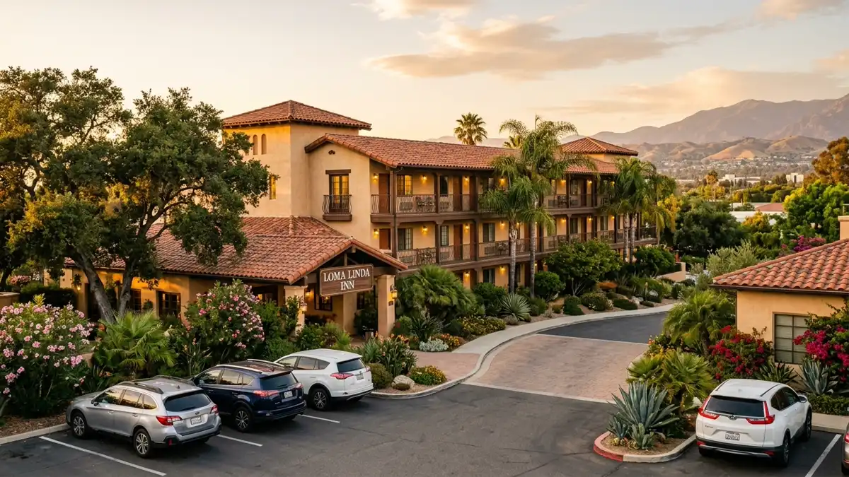 Hotels and accommodation options near mapped restrooms in Loma Linda, California