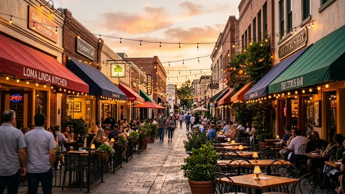 Restaurant district in Loma Linda, California with nearby public restroom facilities