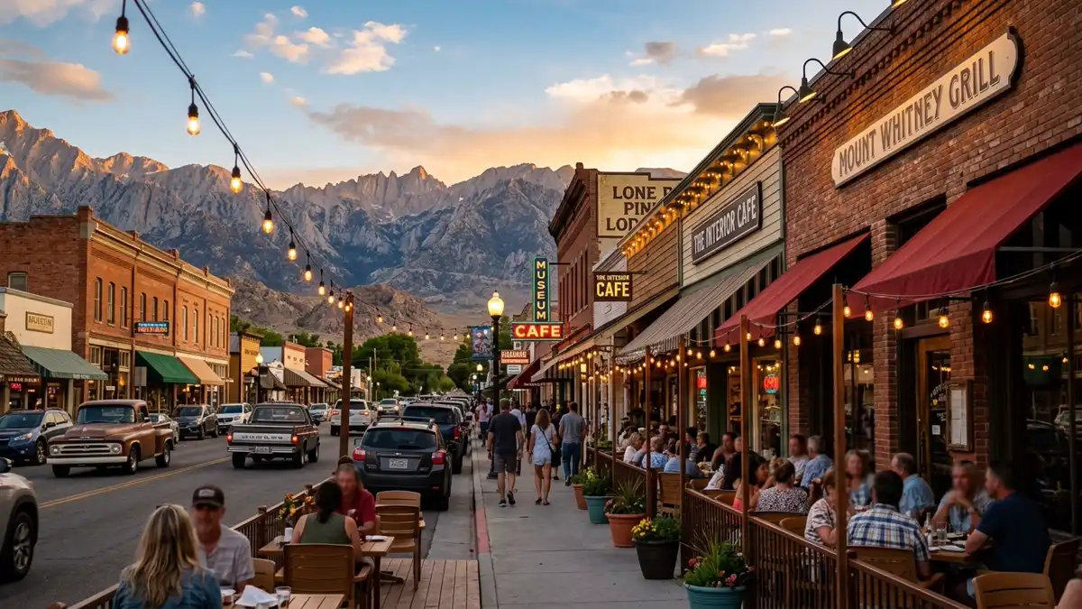 Restaurant district in Lone Pine, California with nearby public restroom facilities
