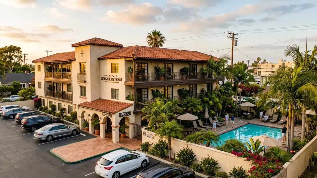 Hotels and accommodation options near mapped restrooms in Long Beach, California