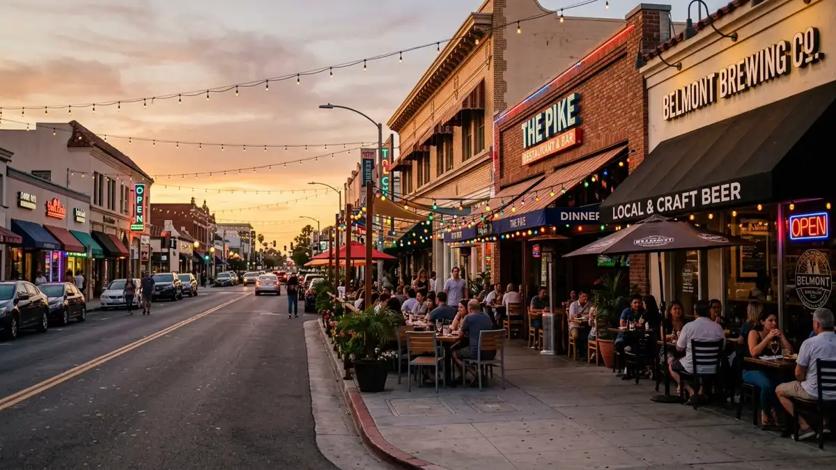 Restaurant district in Long Beach, California with nearby public restroom facilities