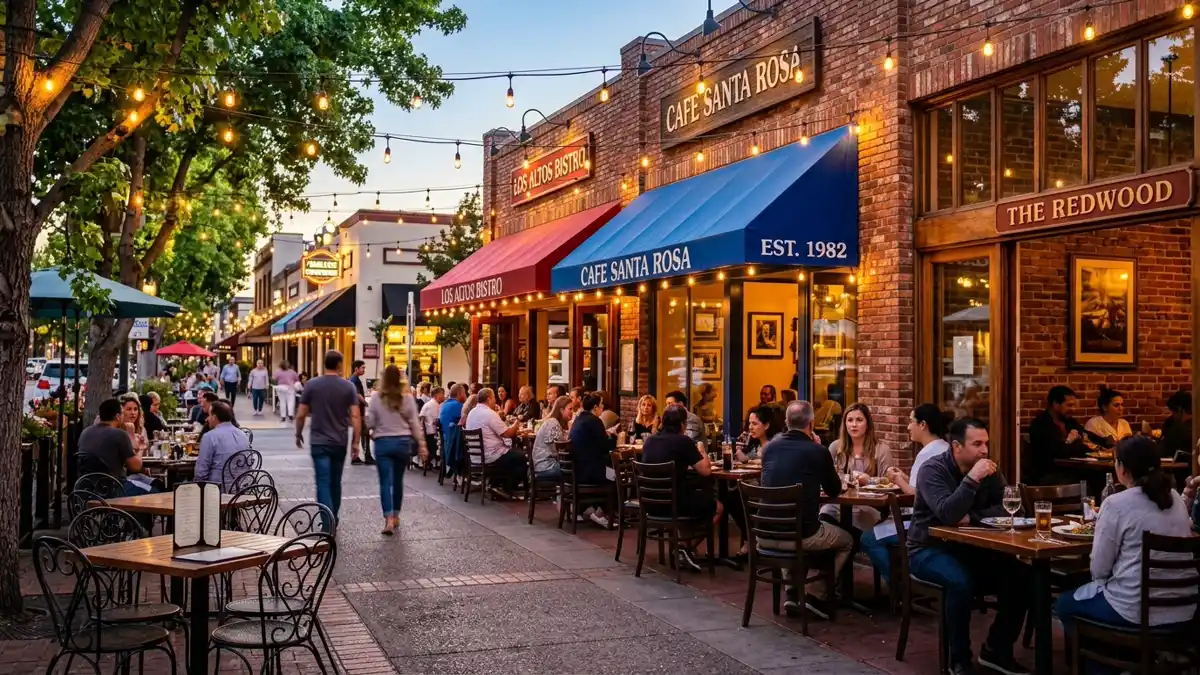 Restaurant district in Los Altos, California with nearby public restroom facilities