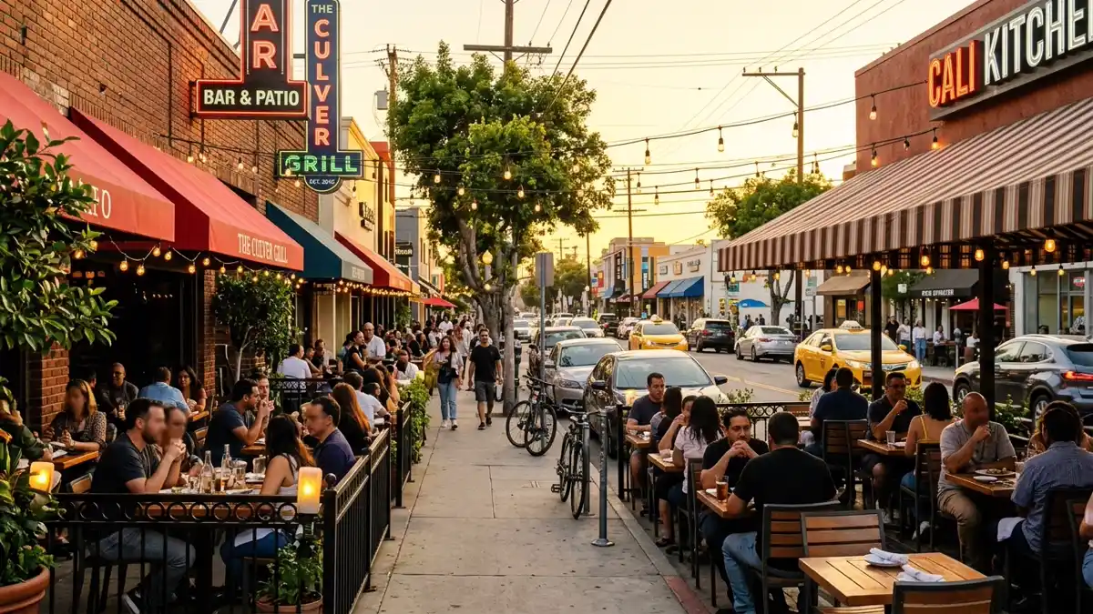 Restaurant district in Los Angeles County, California with nearby public restroom facilities