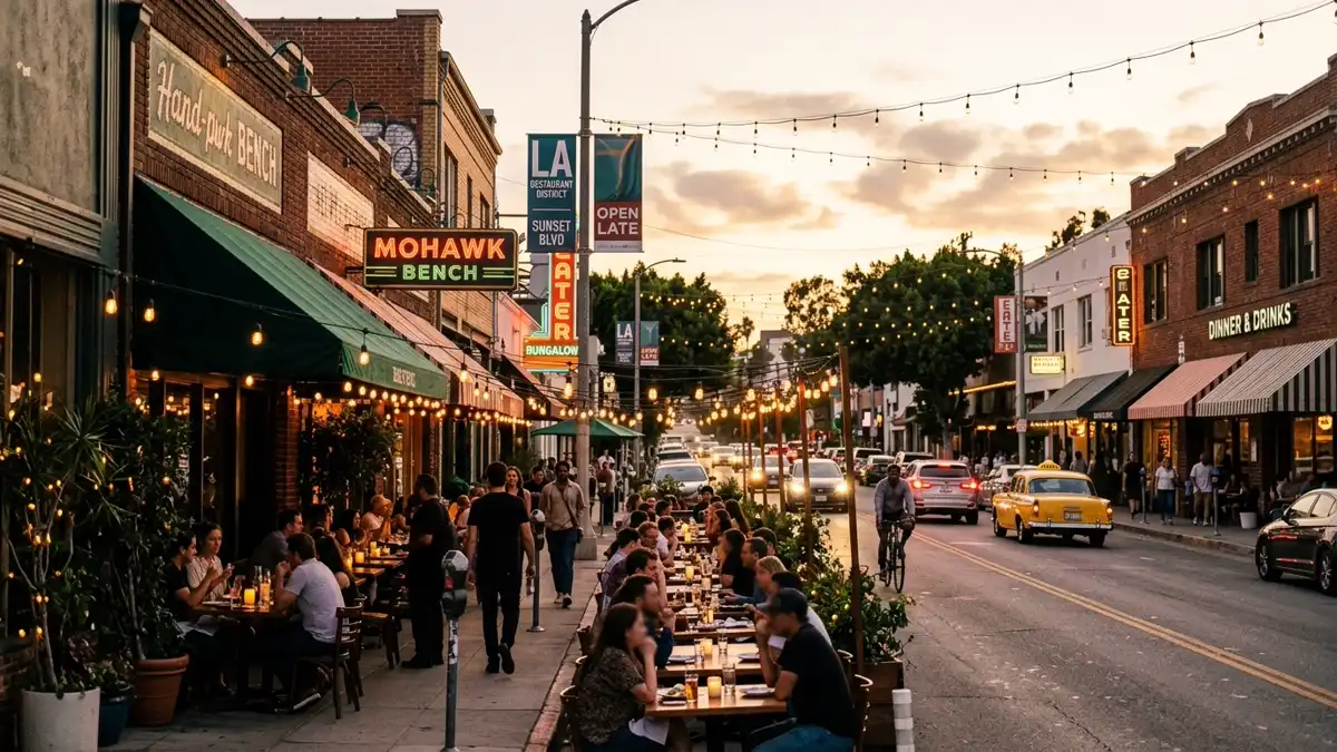 Restaurant district in Los Angeles, California with nearby public restroom facilities