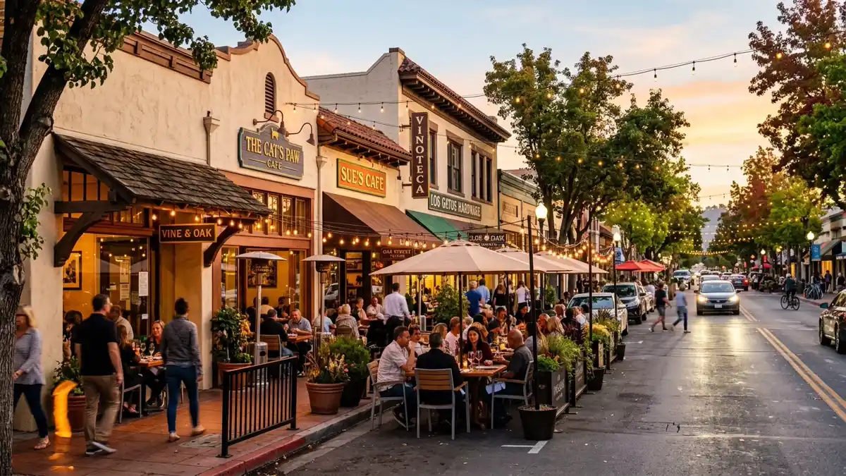 Restaurant district in Los Gatos, California with nearby public restroom facilities