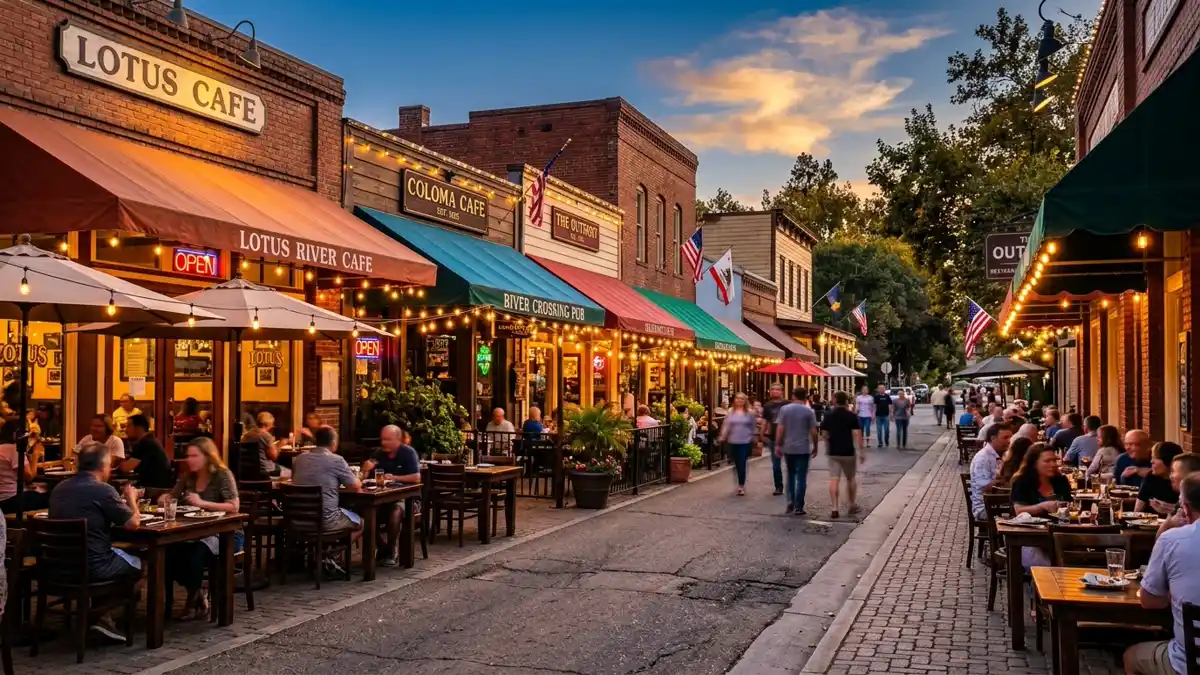 Restaurant district in Lotus, California with nearby public restroom facilities